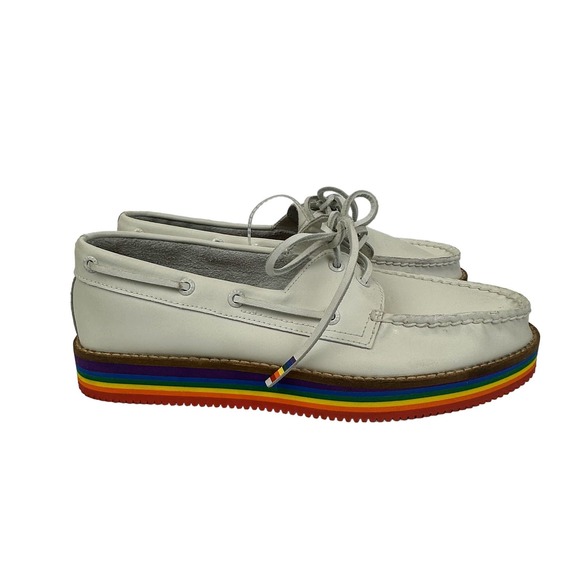 Sperry Top Sider Rainbow Boat Shoes Womens 8.5 White Leather Platform STS87613 - Picture 1 of 6